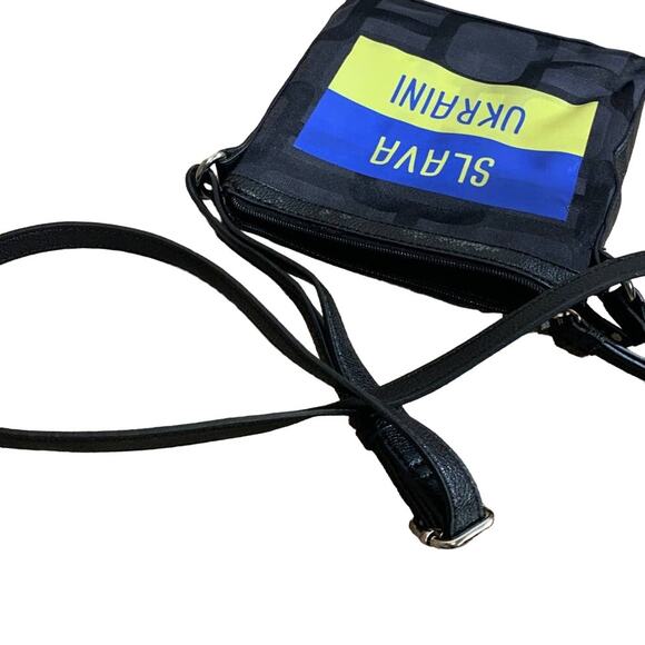 Upcycled Hand Printed Ukraine Flag Slava Ukraini Artist Fundraiser Crossbody Bag - Picture 5 of 6